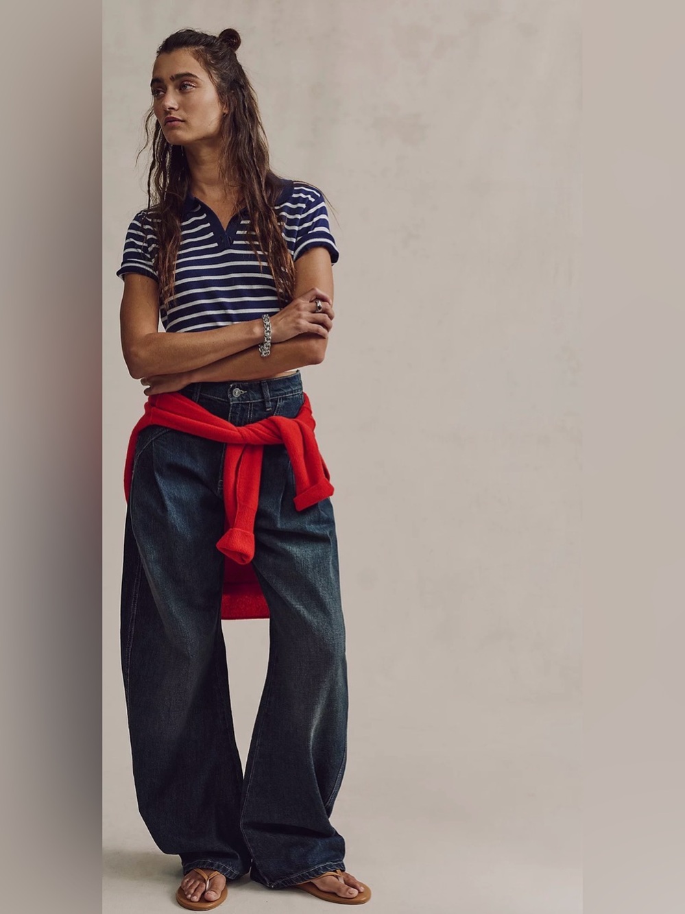 We The Free Golden Hour Trouser Jeans Dark Blue Wide-Leg with Pleats NWT